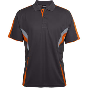 A dark grey polo shirt with orange accents and mesh detail, featuring a collar and buttons, and a logo on it.