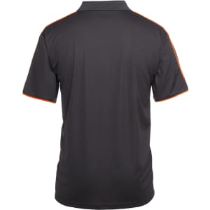 A black polo shirt with orange trim, featuring a logo on the back. The shirt has a classic collar and short sleeves.