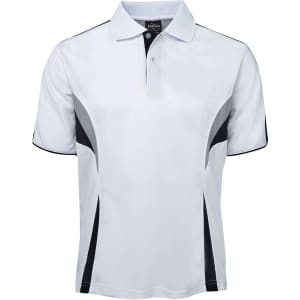 A white polo shirt with black accent panels and a collar, featuring a logo on the front.