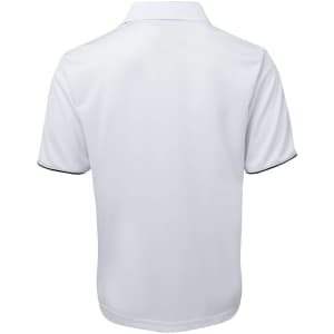 A white polo shirt featuring short sleeves, with contrasting black detailing and a logo on the back.