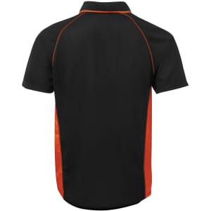 A black polo shirt with orange accents and a logo, featuring a classic collared design and short sleeves.