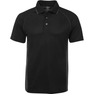 A black polo shirt with a classic collar and button placket, featuring raglan sleeves and a logo.