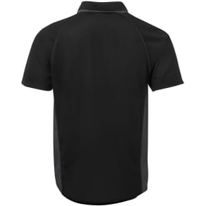 A black polo shirt featuring a fitted design and contrasting side panels, with a logo on the back.