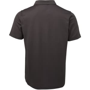 A back view of a gunmetal grey polo shirt with a collar, featuring a logo at the back.