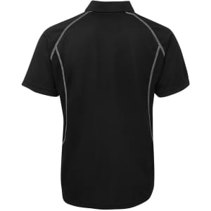A black polo shirt featuring a distinct design with contrasting stitching and a logo.