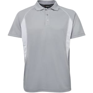 A grey polo shirt featuring mesh side panels and a collar, with a logo on the neckline.