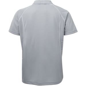 A grey polo shirt with a smooth fabric and a collar, featuring a logo on the back.