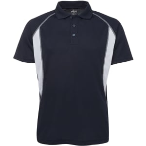 A navy polo shirt with grey side panels and a collar, featuring a logo on the chest.