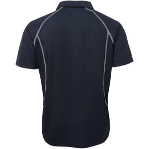 A navy polo shirt featuring a sporty design with contrasting stitching and a logo at the back.