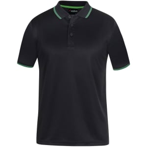 A black Jacquard polo shirt featuring a contrasting green collar and sleeve trim, with a logo on the chest.