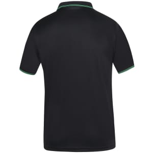 A black polo shirt with a contrasting green collar and sleeves, featuring a logo on the back.