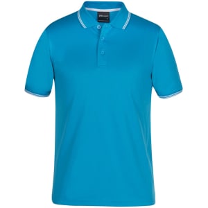 A turquoise polo shirt with a collared neck and contrasting trim, featuring a logo.