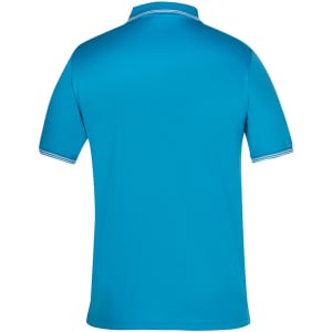 A blue polo shirt featuring a contrast collar and sleeves, with a branding logo.