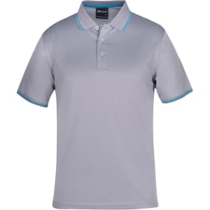 A grey polo shirt featuring contrast blue stripes on the collar and sleeves, with a logo on the chest.