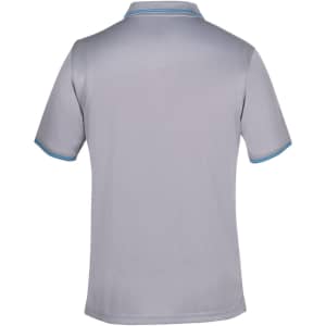 A grey polo shirt with a textured finish and contrasting blue trim on the collar and sleeves, featuring a logo.