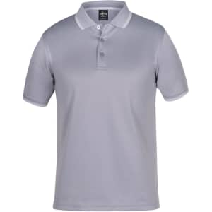 A grey jacquard polo shirt featuring a contrasting collar and button placket, with a logo present.
