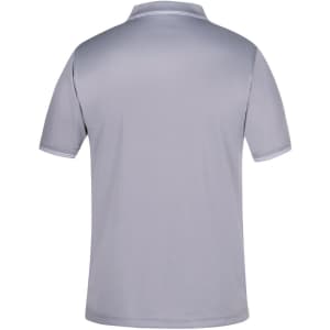 A grey polo shirt with contrasting details and a logo on the back. Short sleeves and a classic collar design.