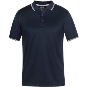 A dark navy polo shirt featuring a contrasting collar and buttons, with a logo on the chest.
