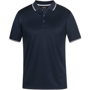 A navy blue polo shirt featuring a textured fabric, three-button placket, and contrasting collar and sleeve trims.