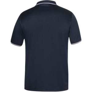 A navy polo shirt with contrasting stripes on the collar and sleeves, featuring a logo.
