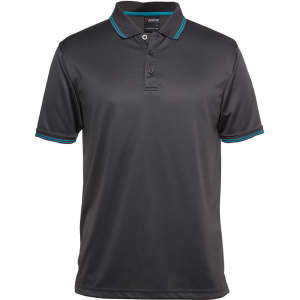 A dark grey polo shirt featuring contrast teal detailing and a logo. Short sleeves and collared design.
