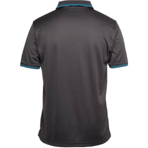 A dark grey polo shirt with a jacquard texture and contrast blue detailing on the collar and sleeves.
