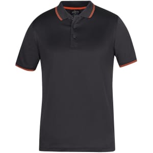 A black polo shirt featuring contrast orange trim on the collar and sleeves, with a logo on the chest.