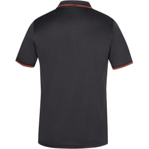 A black polo shirt featuring contrast orange detailing and a logo on the front.