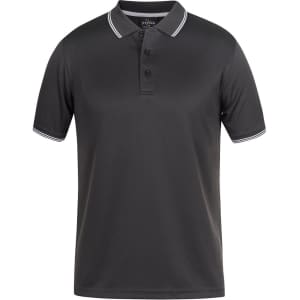 A black polo shirt featuring a jacquard design and contrasting collar and sleeve detailing. The shirt has a logo on it.