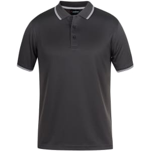 A grey polo shirt with a jacquard texture and contrast collar, featuring a logo on the chest.