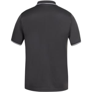 A dark grey polo shirt with contrasting white trim, featuring a logo on the collar.