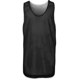 A black mesh singlet featuring a breathable design and a classic sleeveless style. It has a logo on the front.