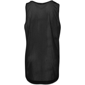 A black mesh singlet featuring a roomy design and a logo on the back.