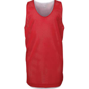 A red mesh singlet with a round neckline and a loose fit, featuring ventilation holes. It has a logo on the front.