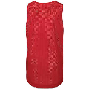 A red singlet featuring a mesh design and a logo on the back.