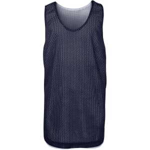 A navy blue mesh singlet featuring a round neck and a small logo. Lightweight design suitable for active wear.