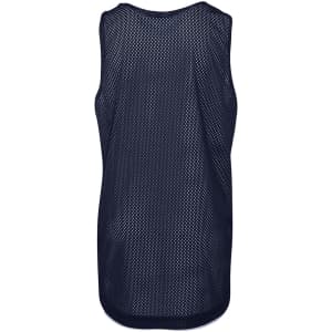 A navy blue singlet with a mesh design and a branding logo on the back.