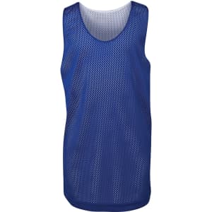 A blue singlet with a mesh design and a branding logo on the front.