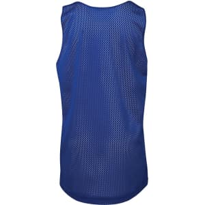 A blue singlet with a perforated design and a branding logo at the back.