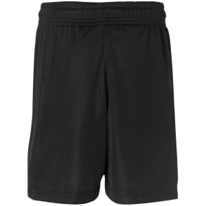Black sports shorts made from a breathable mesh fabric, featuring an elastic waistband and a logo.