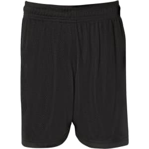 Black sports shorts featuring a breathable mesh design and an elastic waistband. Includes a branding logo.