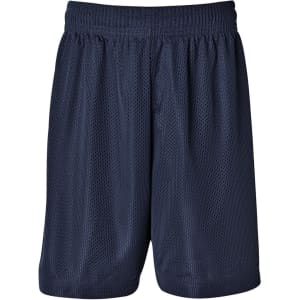 Mesh sports shorts in navy blue with an elastic waistband and a logo. Ideal for activewear.