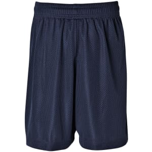 Navy sports shorts featuring a breathable mesh fabric and an elastic waistband. Includes branding on the garment.