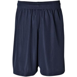 Navy sports shorts made from breathable mesh material, featuring an elastic waistband and a logo.