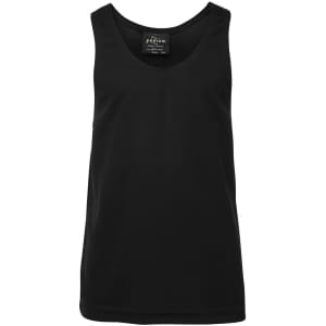 A black singlet with a sleeveless design, featuring a label and a smooth fabric texture.