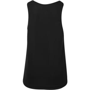 A black kids' poly singlet featuring a simple design and a branding logo on the back.