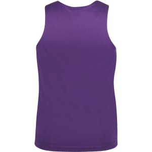 A purple sleeveless singlet with a plain design and a branding logo on the back.