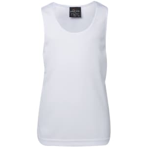 A black kids' poly singlet with a round neckline and a logo on the label. Suitable for active wear.