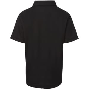 A black short-sleeved polo shirt featuring a collar and a logo on the front.