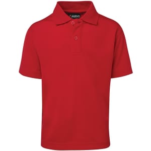 A red short-sleeve polo shirt with a collar and three buttons, featuring a logo on the label.